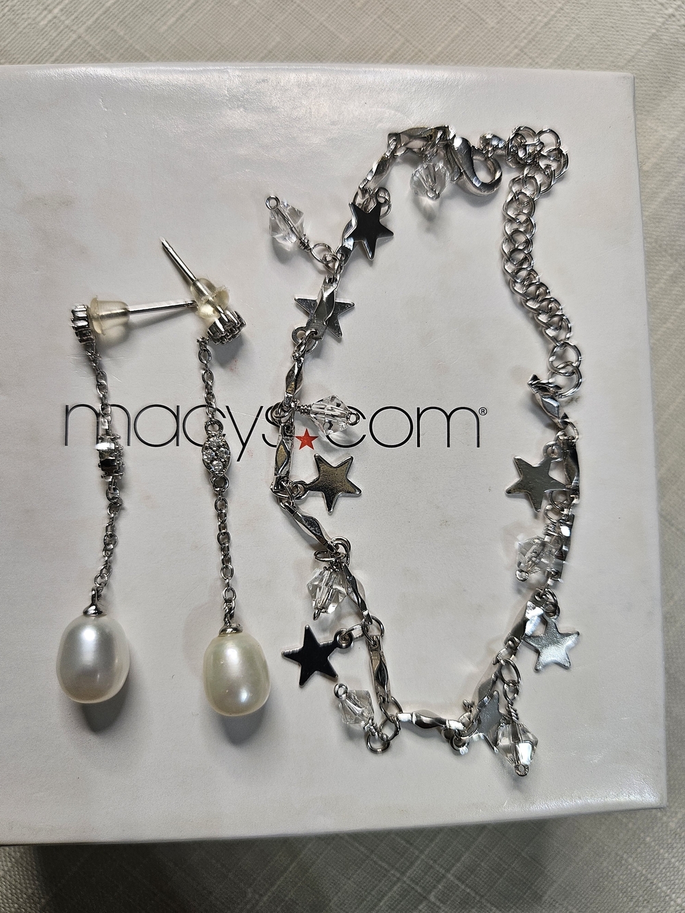 Macy's Silver Toned Star Charm Bracelet with Pearl Drop Dangling Earrings Set